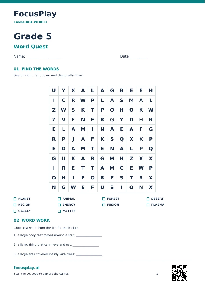 Grade 5 Word Search Worksheet