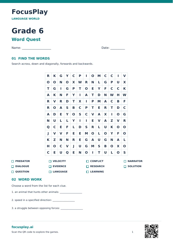 Grade 6 Word Search Worksheet