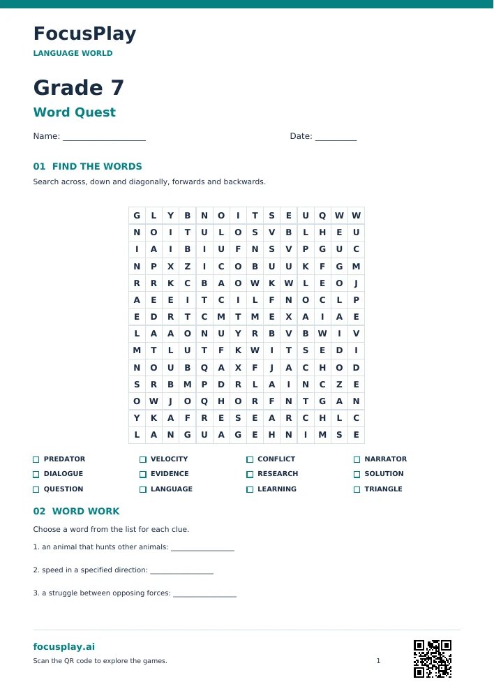 Grade 7 Word Search Worksheet