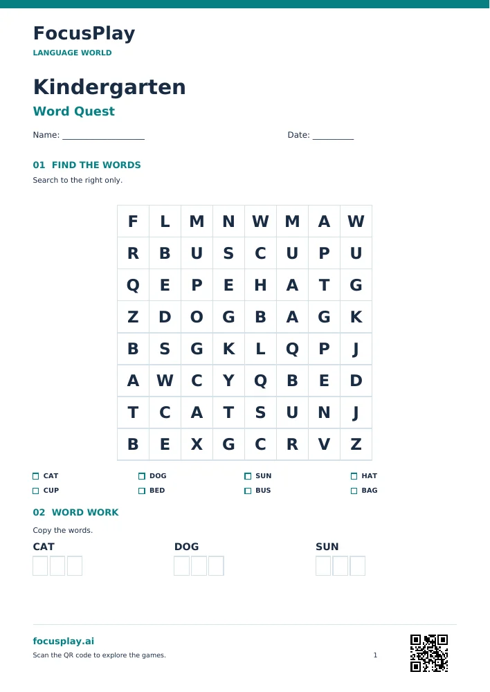 Kindergarten Word Search Worksheet