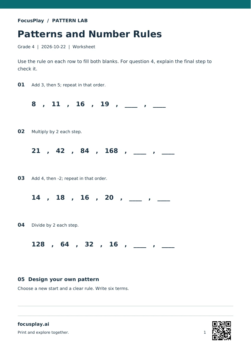 Grade 4 - Patterns and Number Rules