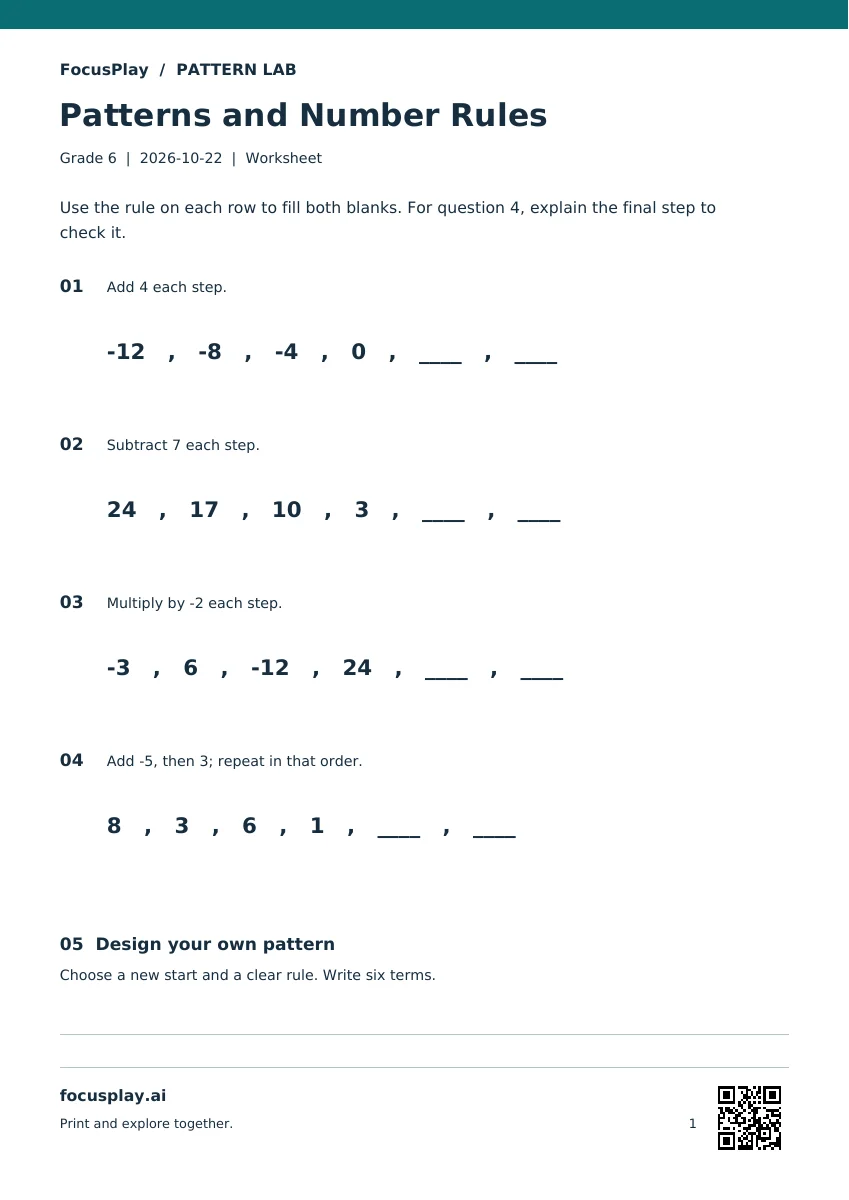 Grade 6 - Patterns and Number Rules